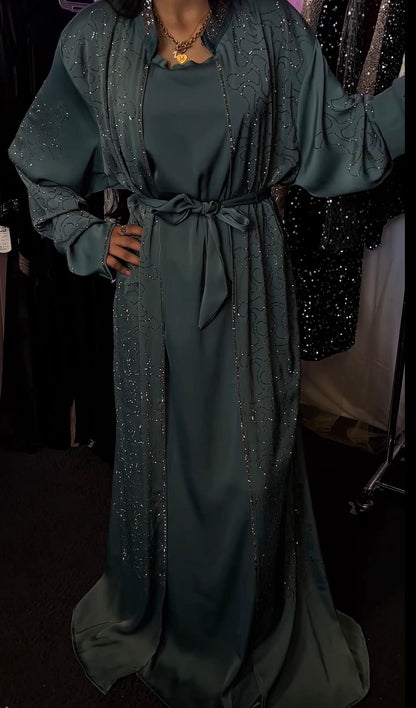 Elegante Abaya mit Strass-Verzierungen & passendem Unterkleid – Petrolgrün