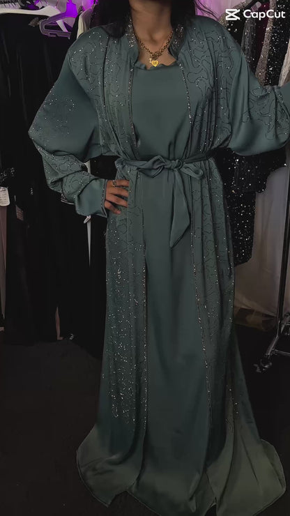 Elegante Abaya mit Strass-Verzierungen & passendem Unterkleid – Petrolgrün