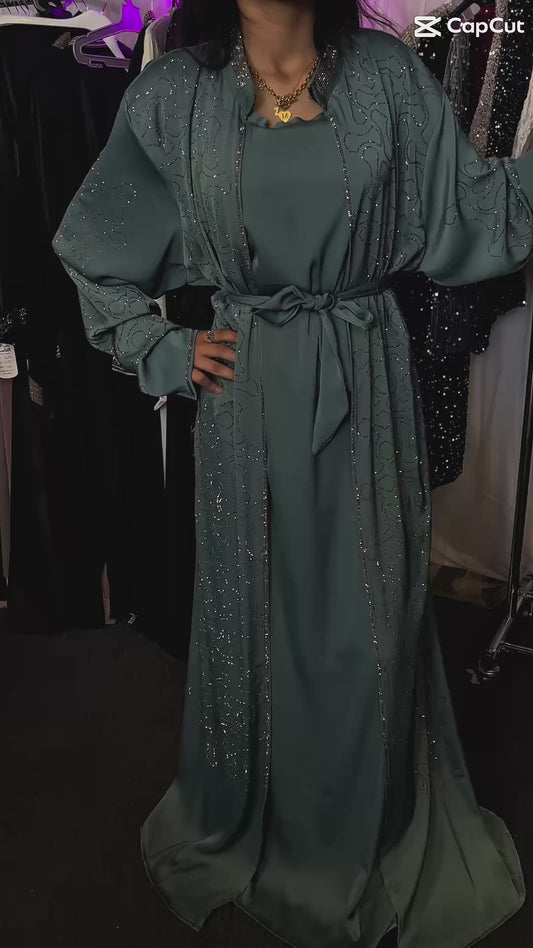 Elegante Abaya mit Strass-Verzierungen & passendem Unterkleid – Petrolgrün